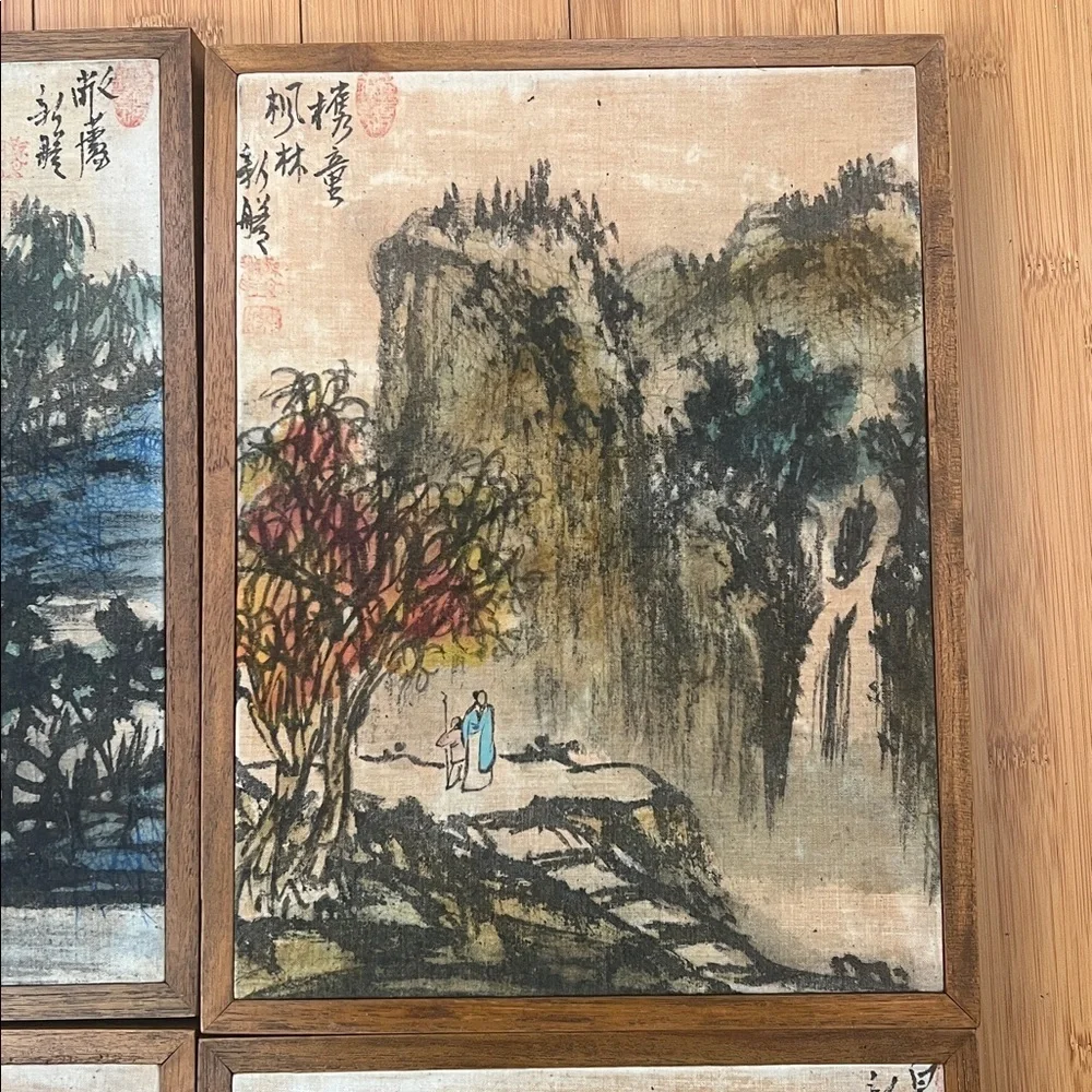 NWT set 4 Vintage Batique Chinese Reproductions hand painted wood frame 9” x 12”